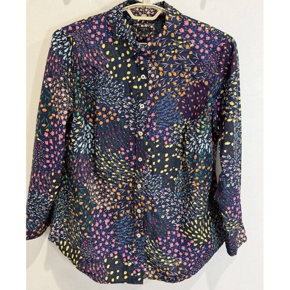 Talbots Plus Navy Blue All Over Floral Print Long Sleeve Button Front Shirt 1X